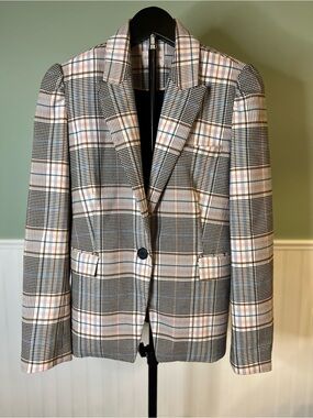 EUC- Riley & Rae Tailored Plaid Blazer in Black, Cream, Pink & Blue. Size 0